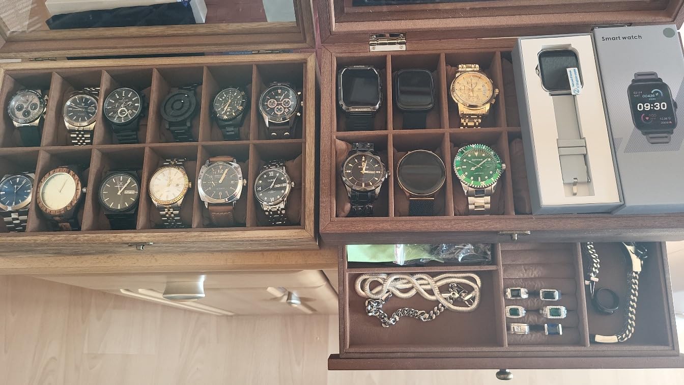 Coffret à Montres Luxe en Bois Noyer – 8 Emplacements + Tiroir Bijoux | Velours