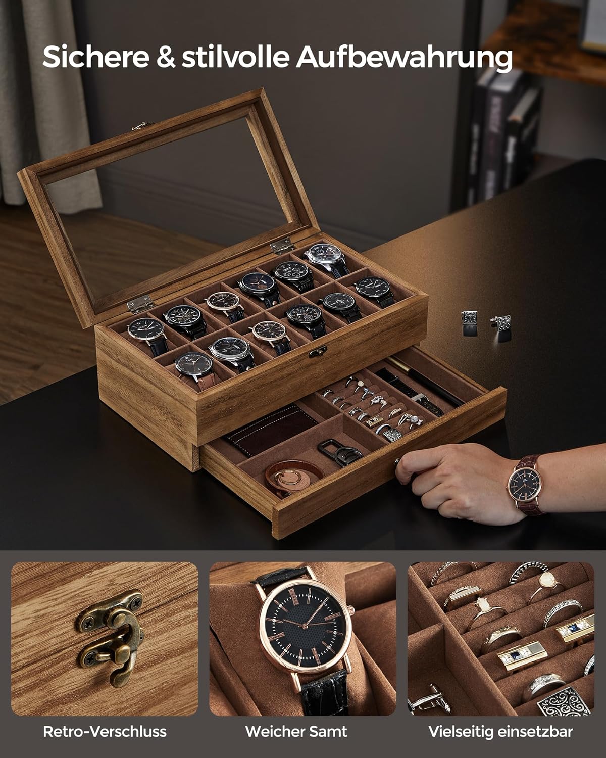 Coffret à Montres Luxe en Bois Noyer – 8 Emplacements + Tiroir Bijoux | Velours