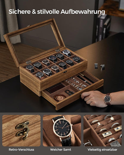 Coffret à Montres Luxe en Bois Noyer – 8 Emplacements + Tiroir Bijoux | Velours
