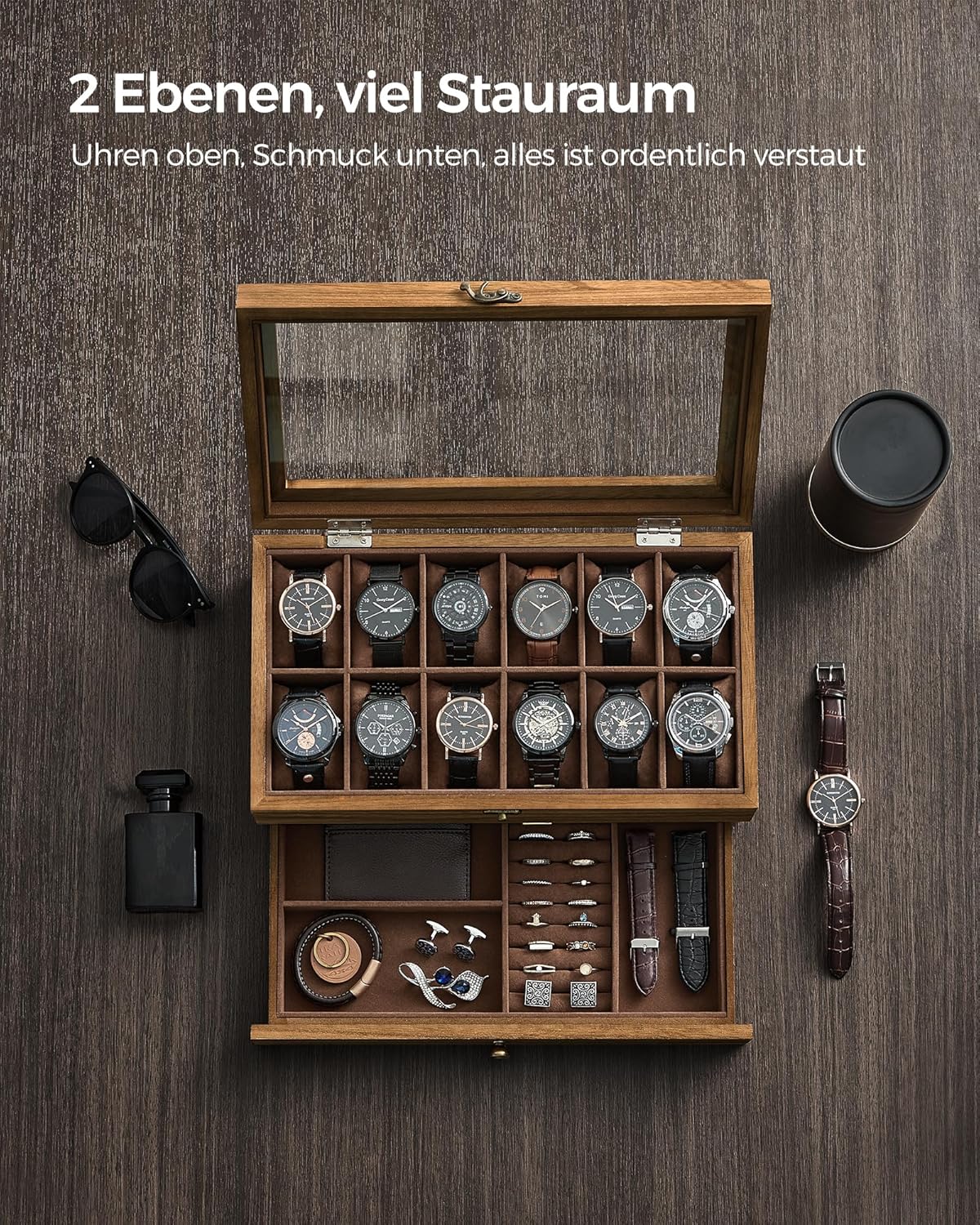 Coffret à Montres Luxe en Bois Noyer – 8 Emplacements + Tiroir Bijoux | Velours