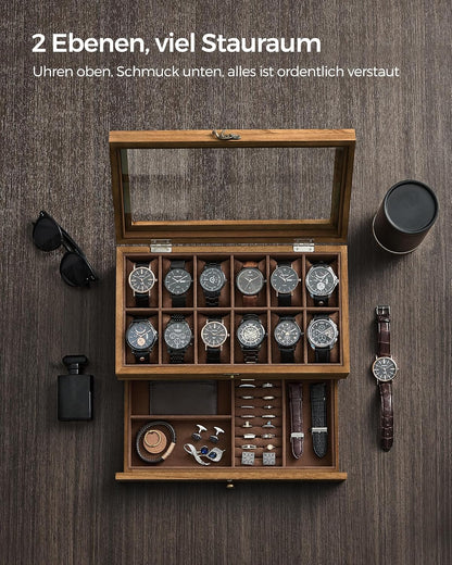 Coffret à Montres Luxe en Bois Noyer – 8 Emplacements + Tiroir Bijoux | Velours