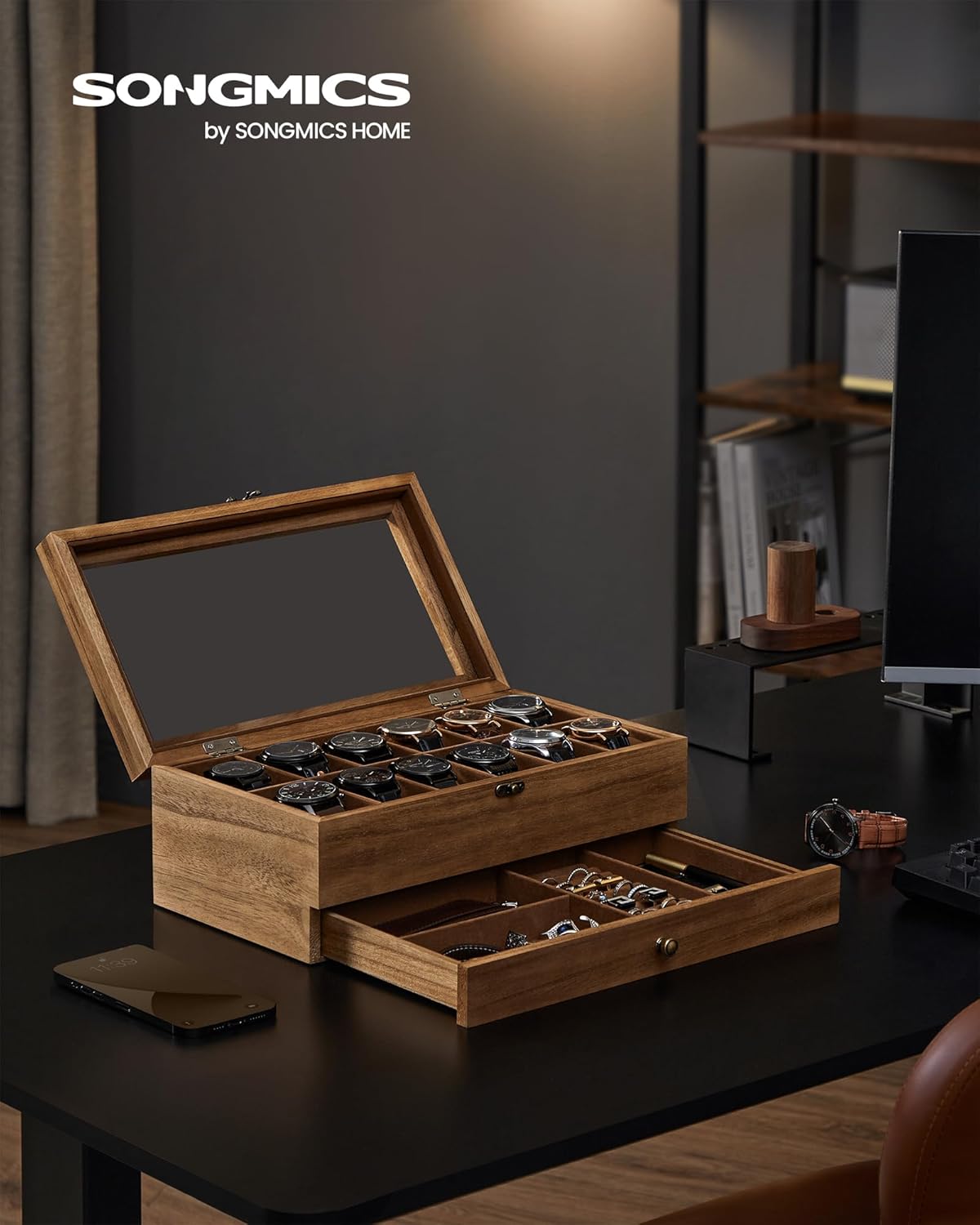 Coffret à Montres Luxe en Bois Noyer – 8 Emplacements + Tiroir Bijoux | Velours