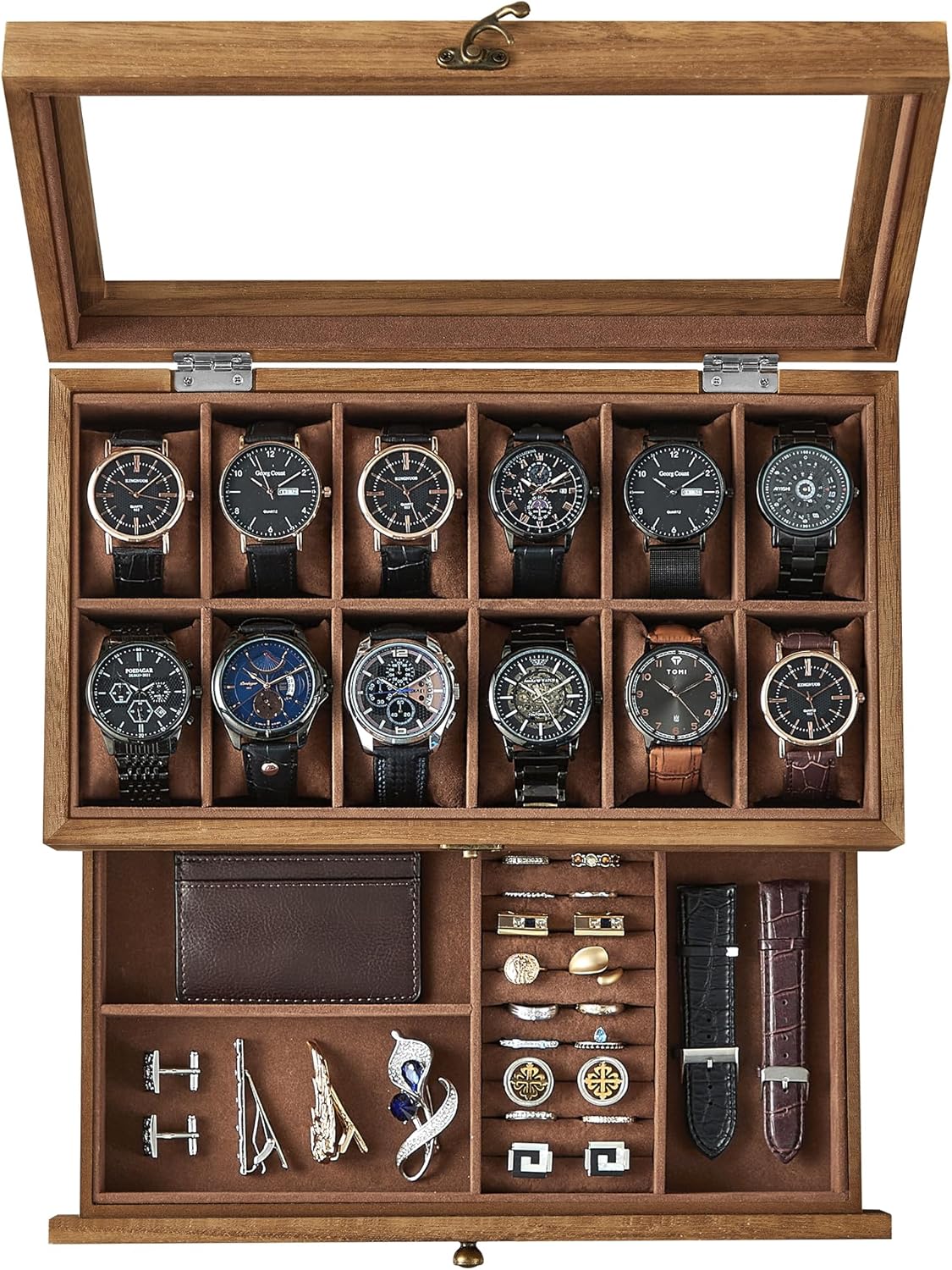 Coffret à Montres Luxe en Bois Noyer – 8 Emplacements + Tiroir Bijoux | Velours