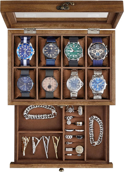 Coffret à Montres Luxe en Bois Noyer – 8 Emplacements + Tiroir Bijoux | Velours