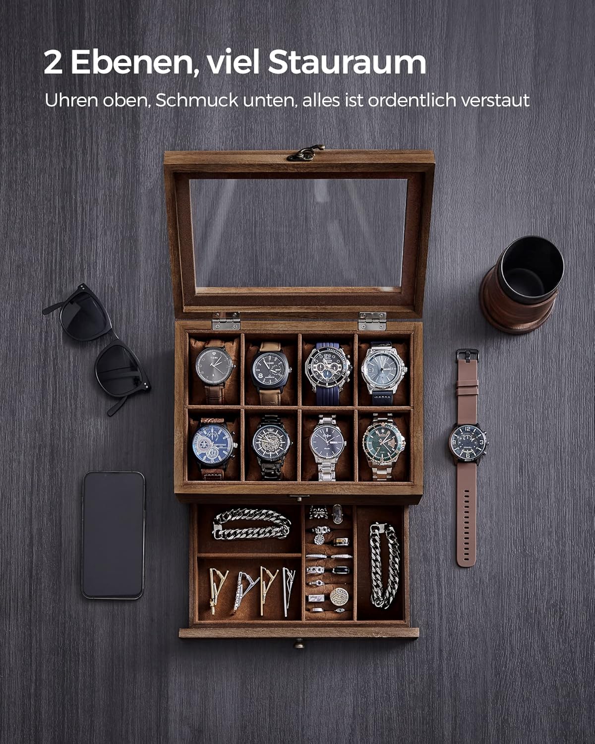 Coffret à Montres Luxe en Bois Noyer – 8 Emplacements + Tiroir Bijoux | Velours