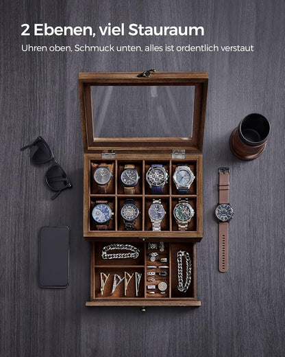 Coffret à Montres Luxe en Bois Noyer – 8 Emplacements + Tiroir Bijoux | Velours