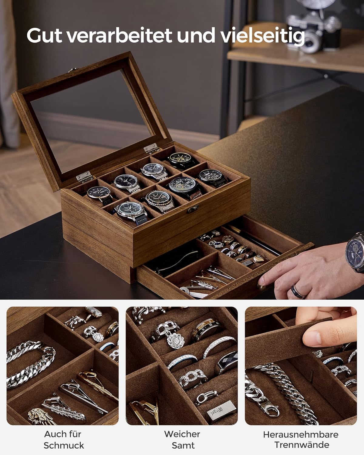 Coffret à Montres Luxe en Bois Noyer – 8 Emplacements + Tiroir Bijoux | Velours