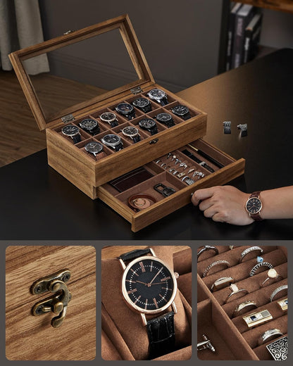 Coffret à Montres Luxe en Bois Noyer – 8 Emplacements + Tiroir Bijoux | Velours