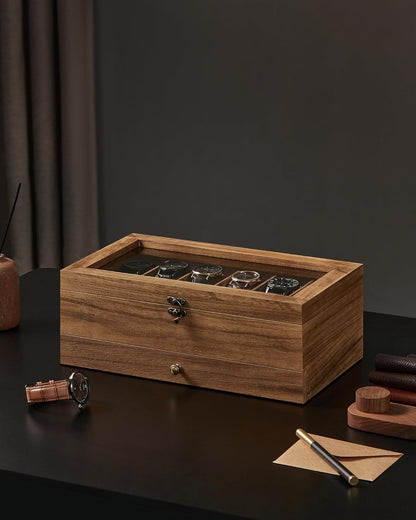Coffret à Montres Luxe en Bois Noyer – 8 Emplacements + Tiroir Bijoux | Velours
