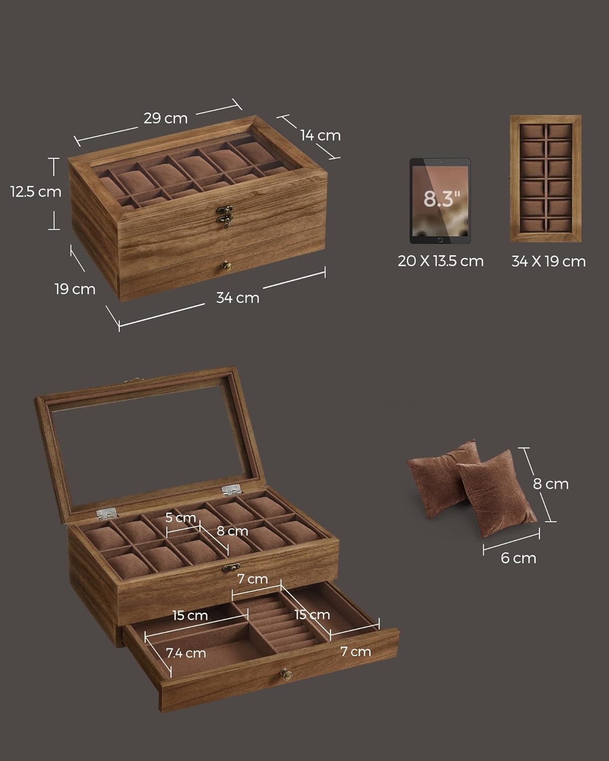 Coffret à Montres Luxe en Bois Noyer – 8 Emplacements + Tiroir Bijoux | Velours