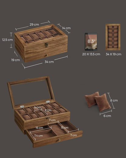 Coffret à Montres Luxe en Bois Noyer – 8 Emplacements + Tiroir Bijoux | Velours