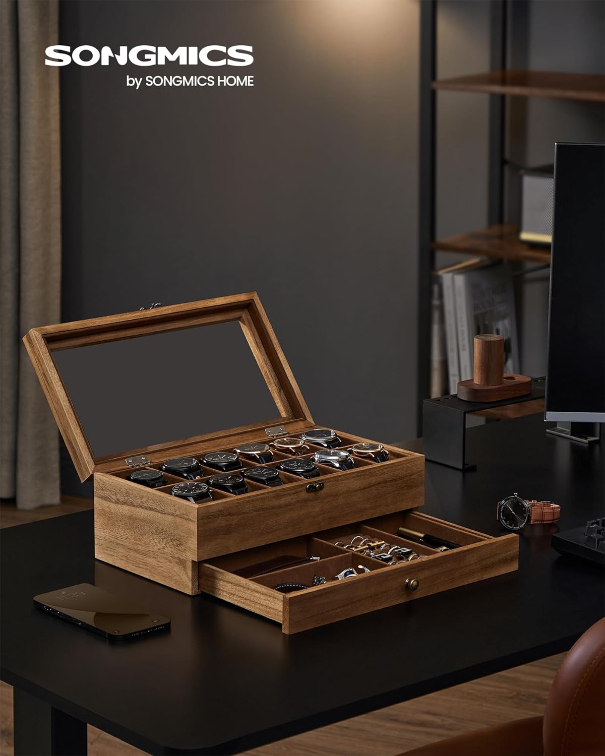 Coffret à Montres Luxe en Bois Noyer – 8 Emplacements + Tiroir Bijoux | Velours