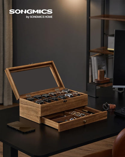 Coffret à Montres Luxe en Bois Noyer – 8 Emplacements + Tiroir Bijoux | Velours