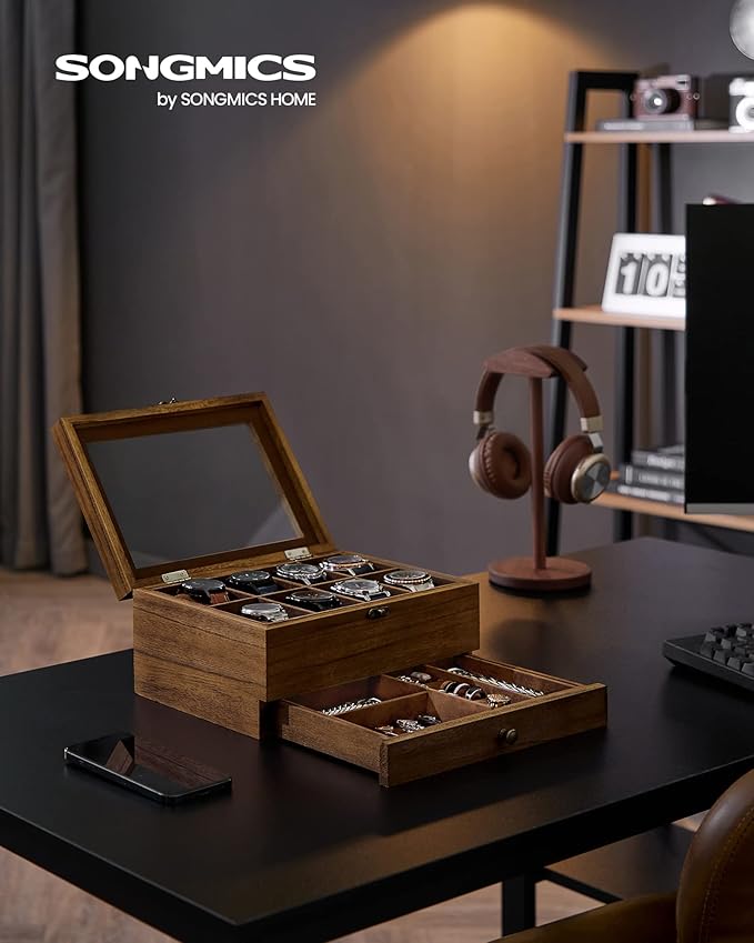 Coffret à Montres Luxe en Bois Noyer – 8 Emplacements + Tiroir Bijoux | Velours