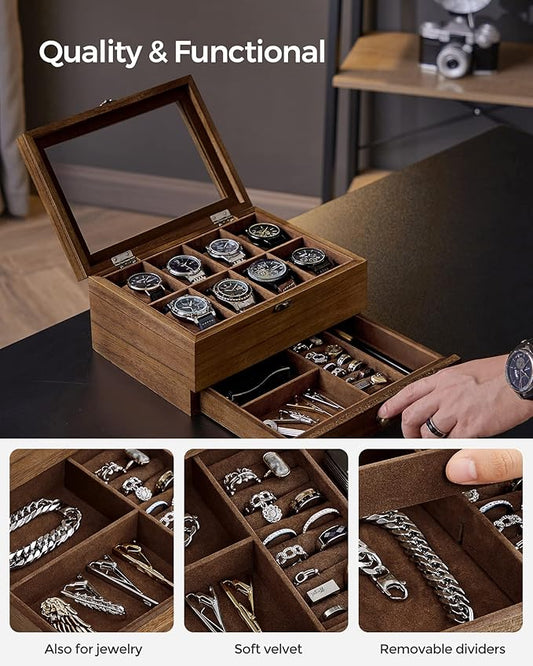 Coffret à Montres Luxe en Bois Noyer – 8 Emplacements + Tiroir Bijoux | Velours