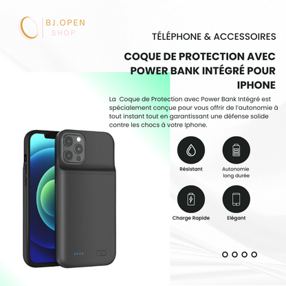 Coque de Protection avec Power Bank Intégré pour iPhone Xs,11,12,13,14,15 (Pro)